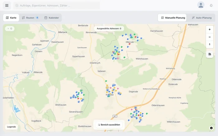 Routenplanung mit Kartenansicht der anstehenden Wasserzählerwechsel